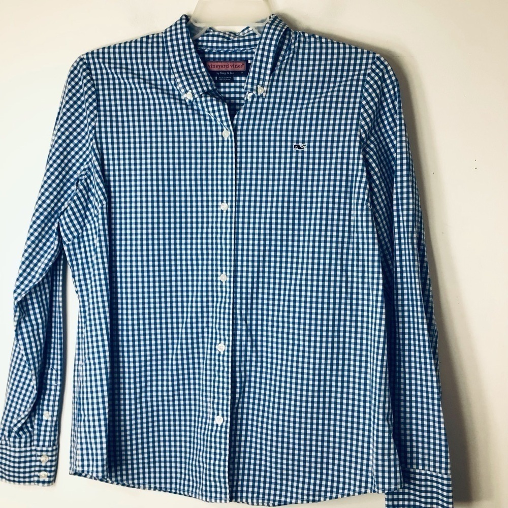 Vineyard Vines button up shirt boys 16 cotton blue white plaid check gingham
